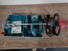 A Bosch cordless handheld hedge trimmer (boxed) together with a mixer.