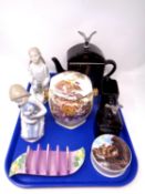 A tray containing assorted ceramics including Nao figure - Girl with teddy and Girl with dog,