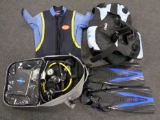 A crate containing scuba diving equipment including Mares vest with accessories,