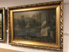 A gilt framed continental print depicting figures with mountain beyond, 69 x 46 cm.
