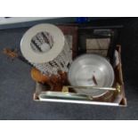 A box containing miscellanea to include an aluminium jam pan,