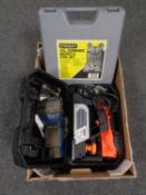 A box containing a Stanley 102 piece socket and tool set a Challenge planer (cased) and a Bench