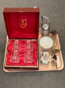 A boxed set of Edinburgh glasses, together with Coalport plate, bird ornaments etc.