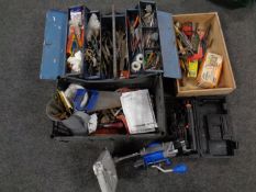 A concertina toolbox, a crate and a tray containing assorted hand tools, drill bits,