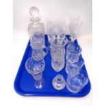 A tray containing assorted glassware including a whisky decanter,