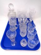 A tray containing assorted glassware including a whisky decanter,