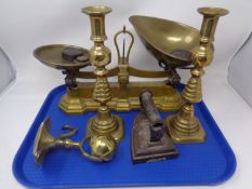 A tray containing assorted antique and later metal wares including a set of W & T.