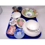 A tray containing assorted ceramics including a pair of Helensburgh Macintosh design oversize