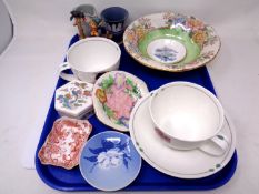 A tray containing assorted ceramics including a pair of Helensburgh Macintosh design oversize