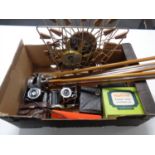 A box containing assorted vintage cameras, camera tripod,