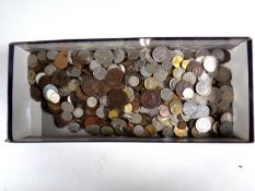 A box containing a large quantity of foreign coinage, Victorian and Georgian pennies,