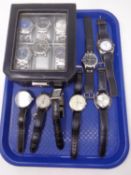 A watch box together with 13 assorted gents wristwatches including Timex, Slazenger and Sekonda etc.