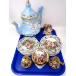 A tray containing assorted Italian ceramics including flower encrusted teapot,