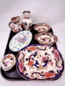 A tray containing ceramics including six pieces of Masons Mandalay including a trinket pot, plate,