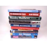 Nine football books bearing signatures including Sir Bobby Charlton, Stanley Matthews,