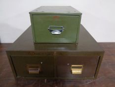 A mid-20th century metal double index drawer together with a further metal index drawer.