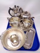 A tray containing assorted plated wares including serving tray, tea ware etc.