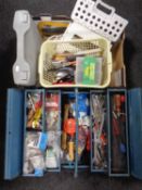 A box of metal concertina tool box with tools, hand saws, extension lead, Power devil drill,