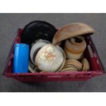 A crate containing stoneware kitchen jars, 19th century chamber pots, wooden bowls etc.