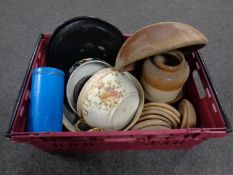 A crate containing stoneware kitchen jars, 19th century chamber pots, wooden bowls etc.