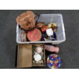 Two boxes containing vintage tins, Maling china, wicker wine carrier, assorted sea shells.