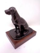 A bronze figure of a Labrador mounted on a wooden plinth. 21cm high by 20cm deep by 14cm wide.