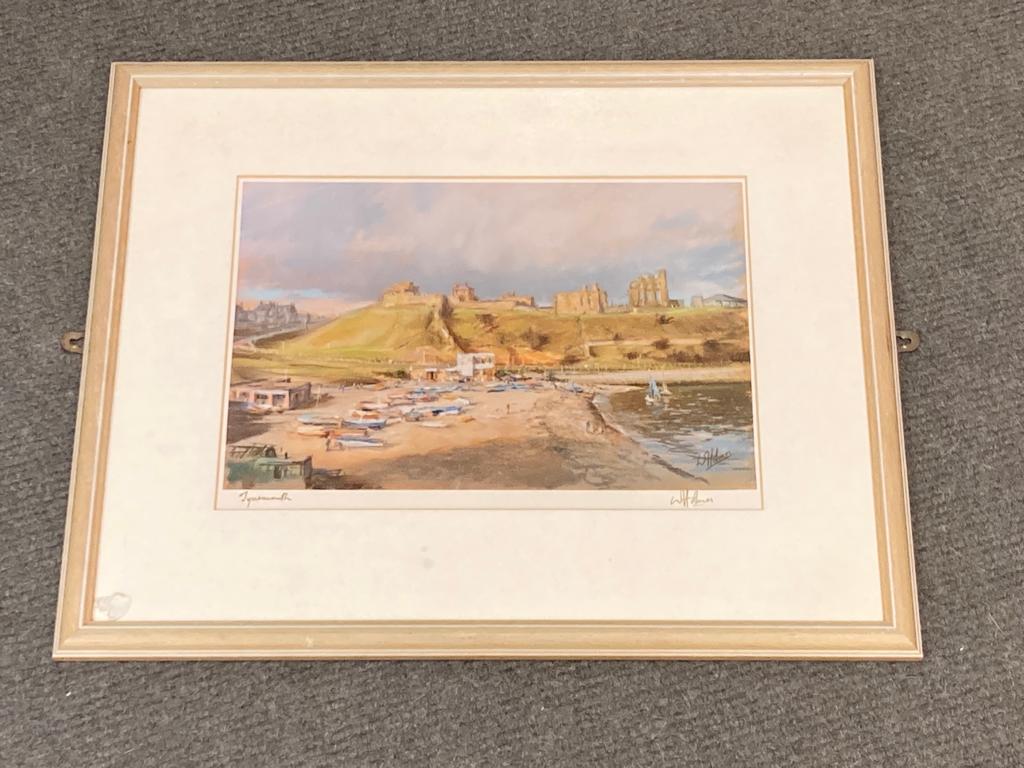 After Walter Holmes : Tynemouth, colour print, signed, together with further pictures, Viners tray,