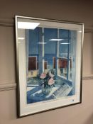 After John Andersen : Flowers by a window, A colour print signed in pencil, 43 x 56 cm.