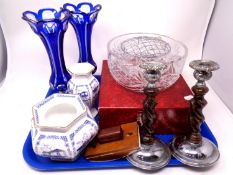 A tray containing miscellanea including a pair of Bohemian crystal blue glass vases,