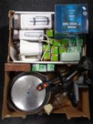 Two boxes of light bulbs, desk fan, aluminium jam pan,