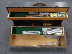 A vintage joiners toolbox containing assorted hand tools, Rabone set square, drill bits.