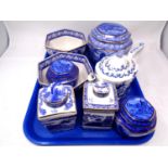 A tray containing Ringtons ceramics including tea caddies, teapots, cathedral pattern bowls etc.