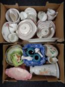 Two boxes of assorted ceramics including Crown Ducal dinner ware, Maling china, vases,