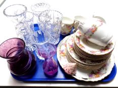 A tray containing a 20 piece floral pattern tea service together with assorted glass vases