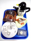 A tray containing miscellanea to include leather case travel set, Halina camera in leather case,