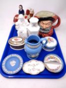 A tray containing assorted ceramics including Royal Doulton Falstaff character jug,
