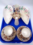A tray containing 12 pieces of Maling brown chintz tea ware together with a Maling lustre salt