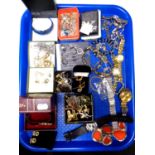 A tray containing a quantity of assorted costume jewellery and wristwatches including Rotary.