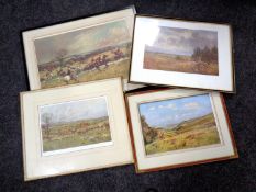 Four colour prints of hunting scenes in frames and mounts.
