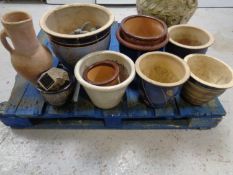 Nine assorted garden planters together with a pottery jug and assorted ornaments