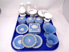 A tray containing Wedgwood Jasperware and bone china lidded trinket pots, vases, dishes etc.