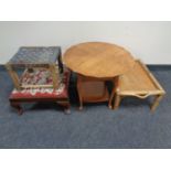 A 20th century sewing table together with a bamboo and wicker bed tray and two further foot stools.