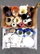 Two boxes containing assorted vases, Bavarian tea china, a pair of blue and white floral jugs,
