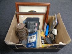 A box containing precision tools, mini screwdrivers, tap and die set, vintage paraffin lamp,
