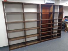 Two sets of stained ply open bookshelves