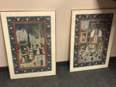 A pair of far eastern watercolours depicting figures in a temple, each 50 x 77 cm.