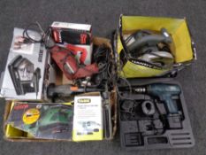 A quantity of assorted power tools including a Black+Decker drill in case, Handypower handsaw,