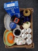 A box containing assorted ceramics including NFL helmet mugs, Wade Carling jug, tea china,