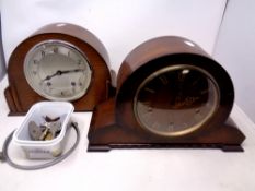 An oak cased 8 day mantel clock together with a further walnut cased mantel clock and a box
