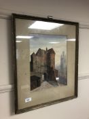 19th century school : Newcastle Cathedral beside the castle keep, watercolour, framed,